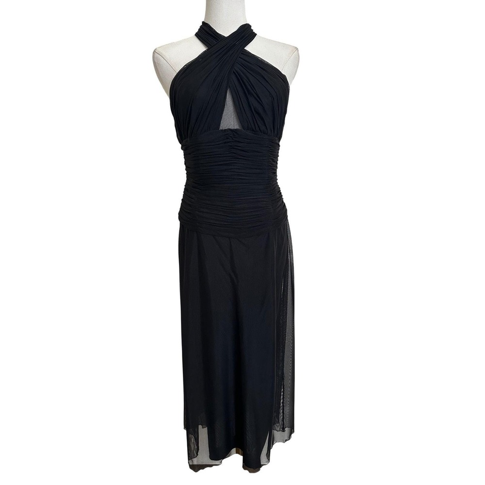 Vicky Tiel Couture‎ Vintage Black Ruched Mesh Boned Halter Dress XS S